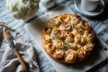 Indulge in a stunning rose tart, perfect for a modern dessert shop or bakery promotion, showcasing elegant pastry and culinary artistry for discerning tastes