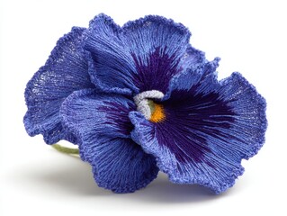 Close Up Of A Detailed Blue Beaded Pansy Flower With Yellow Center Against A White Background