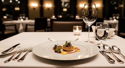 Fine Dining Gourmet Dish with Elegant Table Setting in a Luxury Restaurant Interior