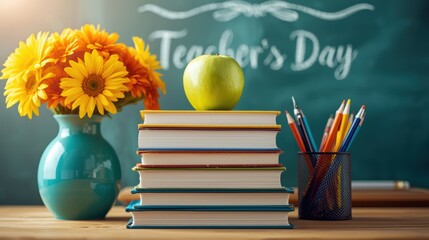 Teacher s day celebration with flowers books and apple on desk