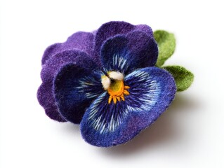 Close up of a Glittering Purple Pansy Flower with Green Leaves Isolated on White Background