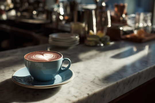 Delicious cappuccino with latte art heart sitting on a marble bar top bathed in warm sunlight, perfect for coffee shops or cafes promoting inviting spaces - Powered by Adobe