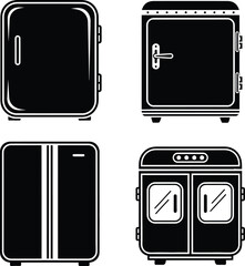 Refrigerator icon set in black and white silhouette showcasing various fridge models and retro cooling appliances.
