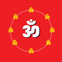 A vibrant devotional artwork featuring a bold white Om (ॐ) symbol at the center, surrounded by multiple smaller golden Om icons arranged in a perfect circular pattern. The bright red background.
