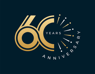 Obraz premium 60 Years Anniversary with fireworks design vector illustration. Unique 60 years logo design template. In gold color.