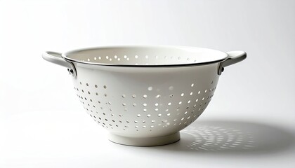 White metal colander with holes, handles on a white backdrop
