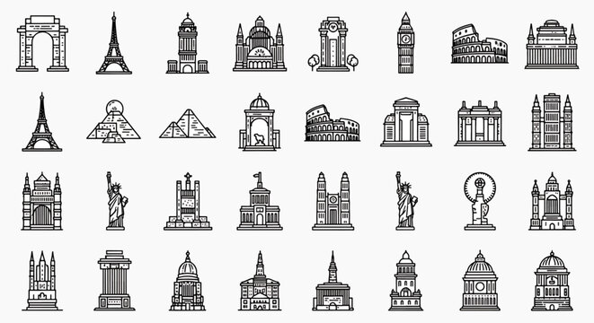 Collection of Famous World Landmarks and Buildings in a Clean Line Art Style Vector Graphic