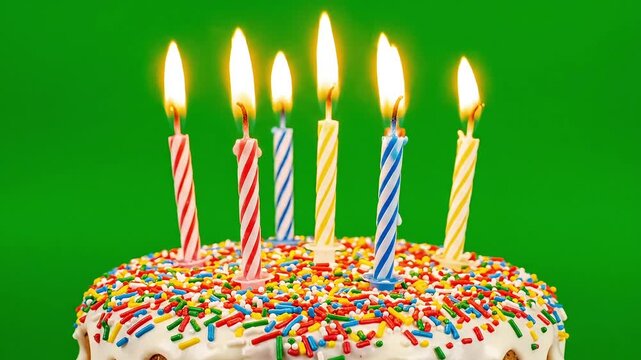 Festive birthday cake adorned with colorful sprinkles and lit candles, ready for celebration