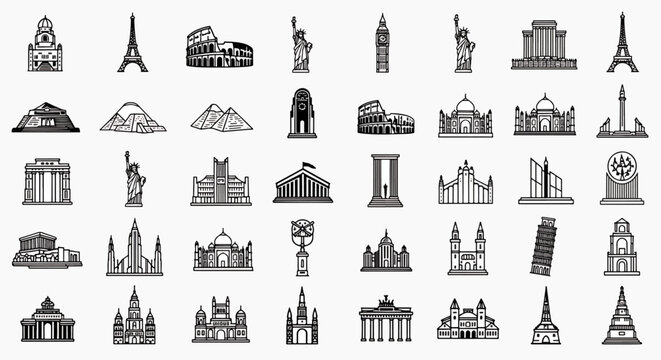 Collection of Famous Landmarks and Iconic Buildings from Around the World in a Vector Line Art Style