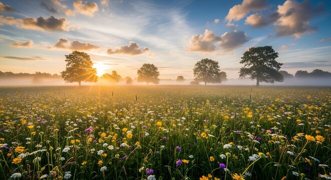 Golden sunrise over a misty wildflower meadow with silhouetted trees