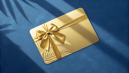 Elegant gold gift card with satin bow on a dreamy blue backdrop, perfect for luxury brands, seasonal promotions, and heartfelt celebrations