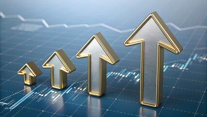 Watch your business grow with these golden arrows pointing up and financial charts showing upward trends, success is right around the corner!