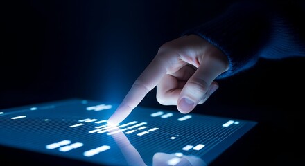 Hand interacting with futuristic digital interface on dark background