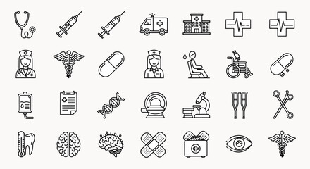Fototapeta premium Collection of Medical and Healthcare Icons Stethoscope Syringe Ambulance Hospital Brain Tooth Eye DNA Medicine