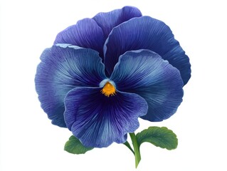 Close up of a vibrant dark blue pansy flower with a yellow center and green leaves isolated on white