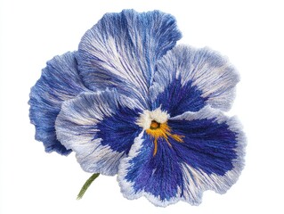 Close up of a vibrant blue and silver pansy flower with a yellow center isolated on white