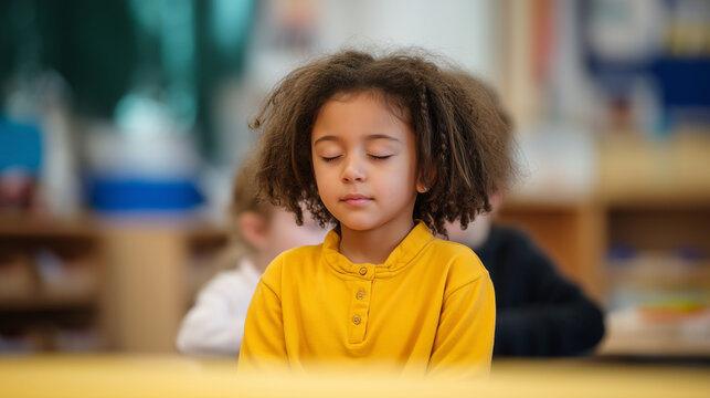 young girl meditating in classroom setting 