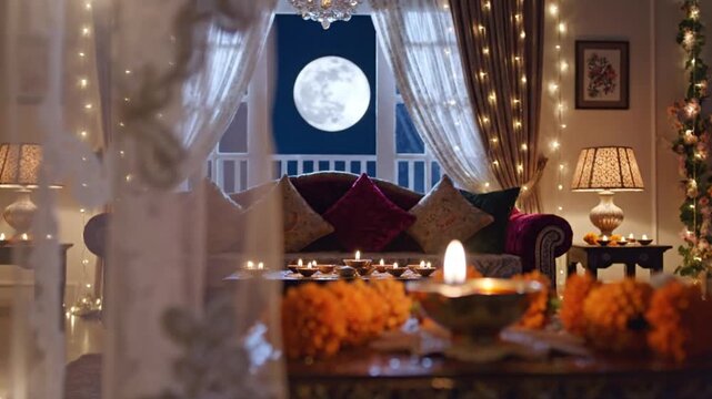 Elegant Karva Chauth Night Celebration with Full Moon and Diyas