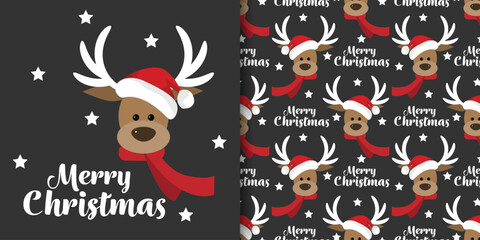 Christmas holidays banner and seamless pattern of cute reindeer wearing red scarf and Santa hat , white stars and Merry Christmas text on black background.