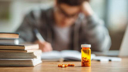 student studying with focus pills on desks, ADHD, Speed, ritalin  