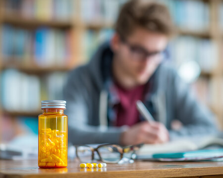 Young Student Studying with Prescription Bottle on Desks, ADHD, Speed, ritalin  