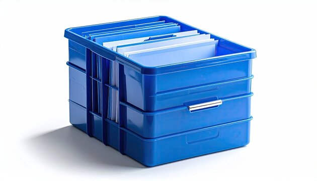 Blue crate holds files, stacked, with silver handle detail