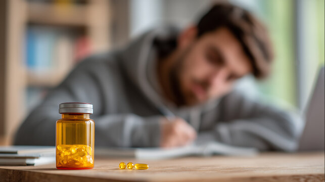 prescription medication bottle on study desk in cozy home settings, ADHD, Speed, ritalin  