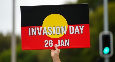 Aboriginal flag with invasion day message being held up at a protest in australia on january 26th