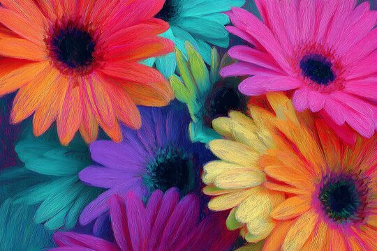 Vibrant gerbera daisies arrangement in vivid colors with dark center