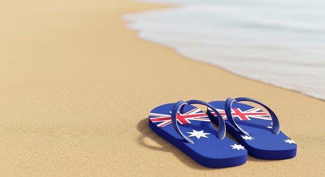 Pair of flip flops with the australian flag on a sandy beach near the ocean shore