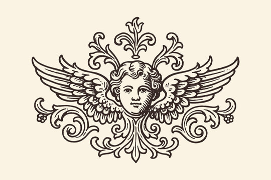 Winged cherub ornament engraving vintage illustration vector