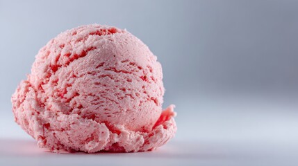 Close Up Of Pink Strawberry Ice Cream Scoop With Sugar Crystals On A White Background With Soft Lighting