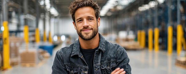 Latinx worker standing proud in production facility concept. Confident young man smiling in a modern warehouse setting.