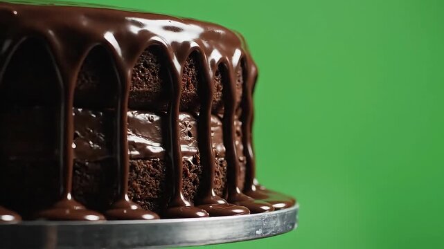 Decadent chocolate cake dripping with rich ganache on a cake stand, ready for celebration.
