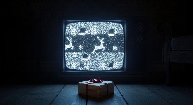 A TV in a dark room showing only Christmas static, its light illuminating a single, untouched gift, nostalgic and unsettling