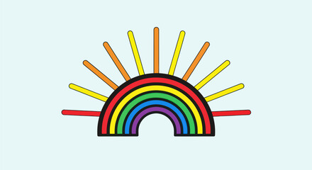 Vibrant rainbow arch with colorful radiating sun rays illustration.