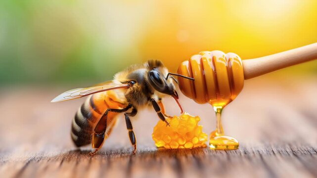 honey bee collecting nectar near honey dipper with dripping golden honey macro shot showing pollination and natural sweetness production process