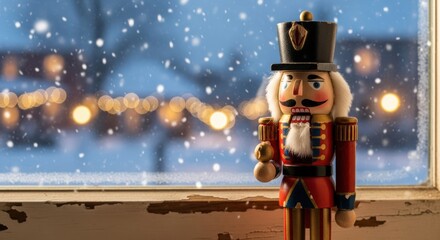 A vintage nutcracker on a windowsill, in sharp focus, with a snowy, twinkling neighborhood outside the window rendered as a soft, dreamy bokeh background.