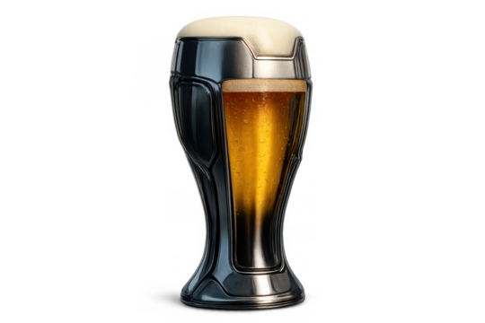 Futuristic beer glass showing cross-section of golden lager with foamy head, sci-fi drink concept
