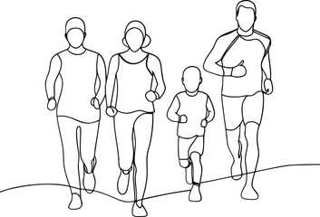 Family Running Together Continuous Line Art Illustration