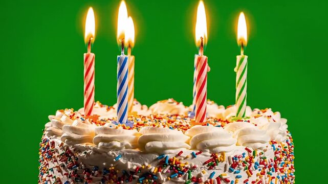 Festive birthday cake with lit candles and colorful sprinkles, ready for celebration