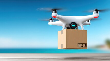 Delivery drone flying through blue sky carrying cardboard package for aerial transport