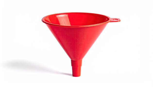 Red plastic funnel on white. Simple conical shape