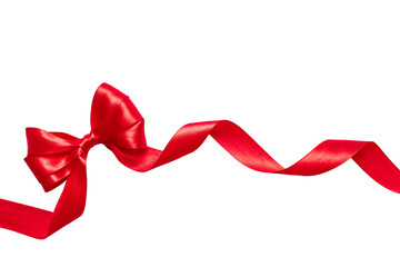 Long red satin ribbon with decorative bow and curled ends, isolated on white background. Perfect for wrapping gifts, banners and festive projects.