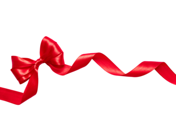 Long red satin ribbon with decorative bow and curled ends, isolated on white background. Perfect for wrapping gifts, banners and festive projects.