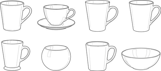 Illustration of a collection of various cup and bowl shapes, presented as a simple black and white sketch isolated on the cups and bowls are arranged in two rows