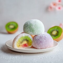 Colorful Mochi Desserts with Fresh Kiwi Slices and Delicate Powdered Sugar Topping