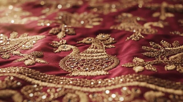 Luxurious Red Indian Fabric Gold Zari Embroidery Traditional Peacock Pattern