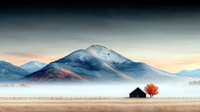 A solitary black cabin and a bright orange tree stand in a misty field before snow-dusted mountains under a dramatic sky.