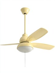 Cream Colored Three Blade Ceiling Fan With Integrated Light Fixture Isolated On White Background